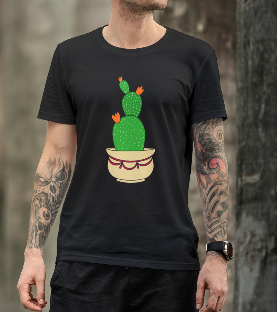 Cactus With Bright Orange Blooms In Decorative Pot T-Shirt