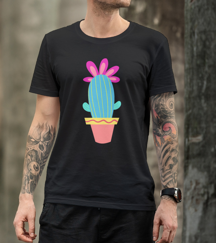 Cactus With Pink Flower In Colorful Pot With Curved Stripes T-Shirt