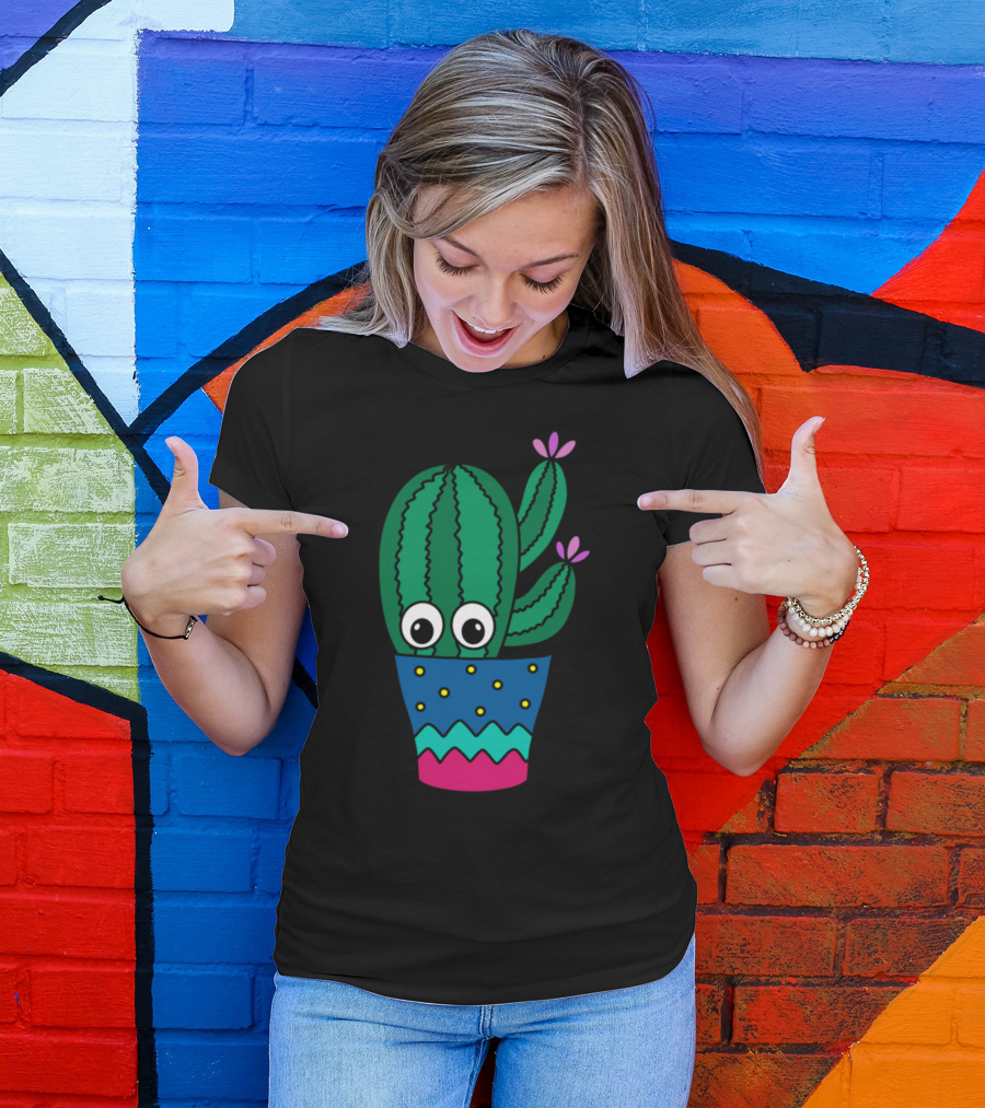 Cactus With Big Eyes And Cute Flowers In Colorful Pot T-Shirt
