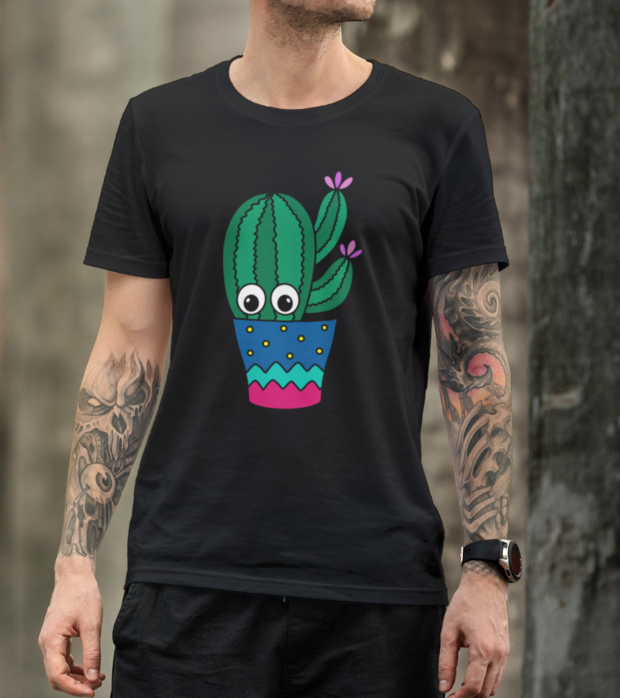 Cactus With Big Eyes And Cute Flowers In Colorful Pot T-Shirt