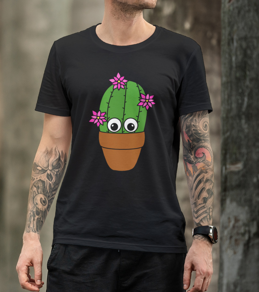 Cactus With Pretty Flowers And Cute Eyes In Pot T-Shirt
