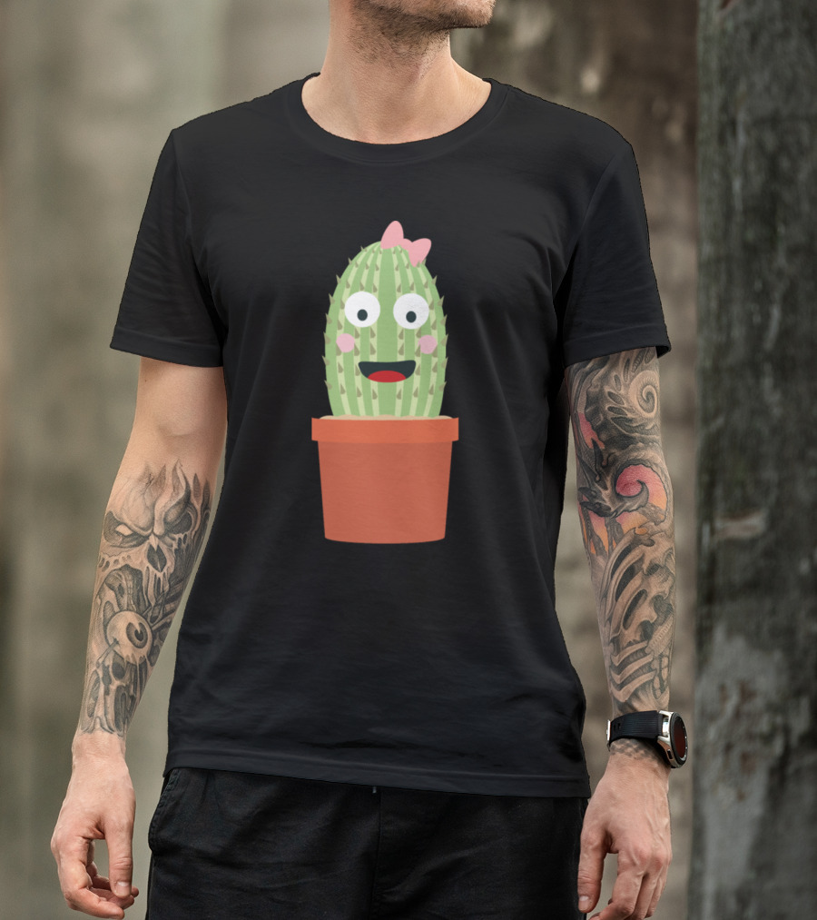 Cactus Cute Smiling Face With Pink Bow On Pot T-Shirt