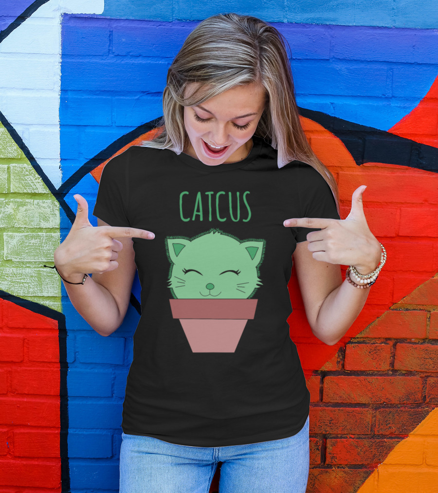 Cat Lovers Catcus Funny Cactus Cat Pun Adorable Plant Kitty T-Shirt
