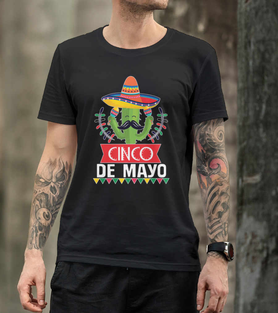 Cinco De Mayo Sombrero Cactus With Mustache And Festive Lights T-Shirt