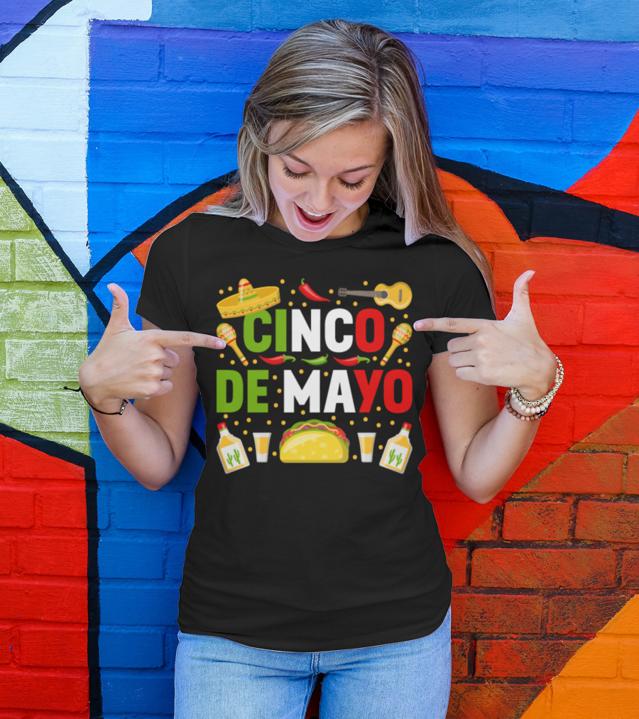 Cinco De Mayo Party Sombrero Taco Guitar Maracas Tequila Peppers T-Shirt