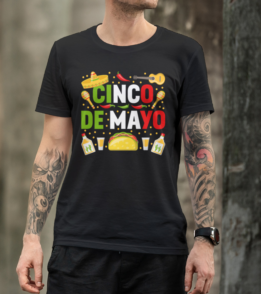 Cinco De Mayo Party Sombrero Taco Guitar Maracas Tequila Peppers T-Shirt