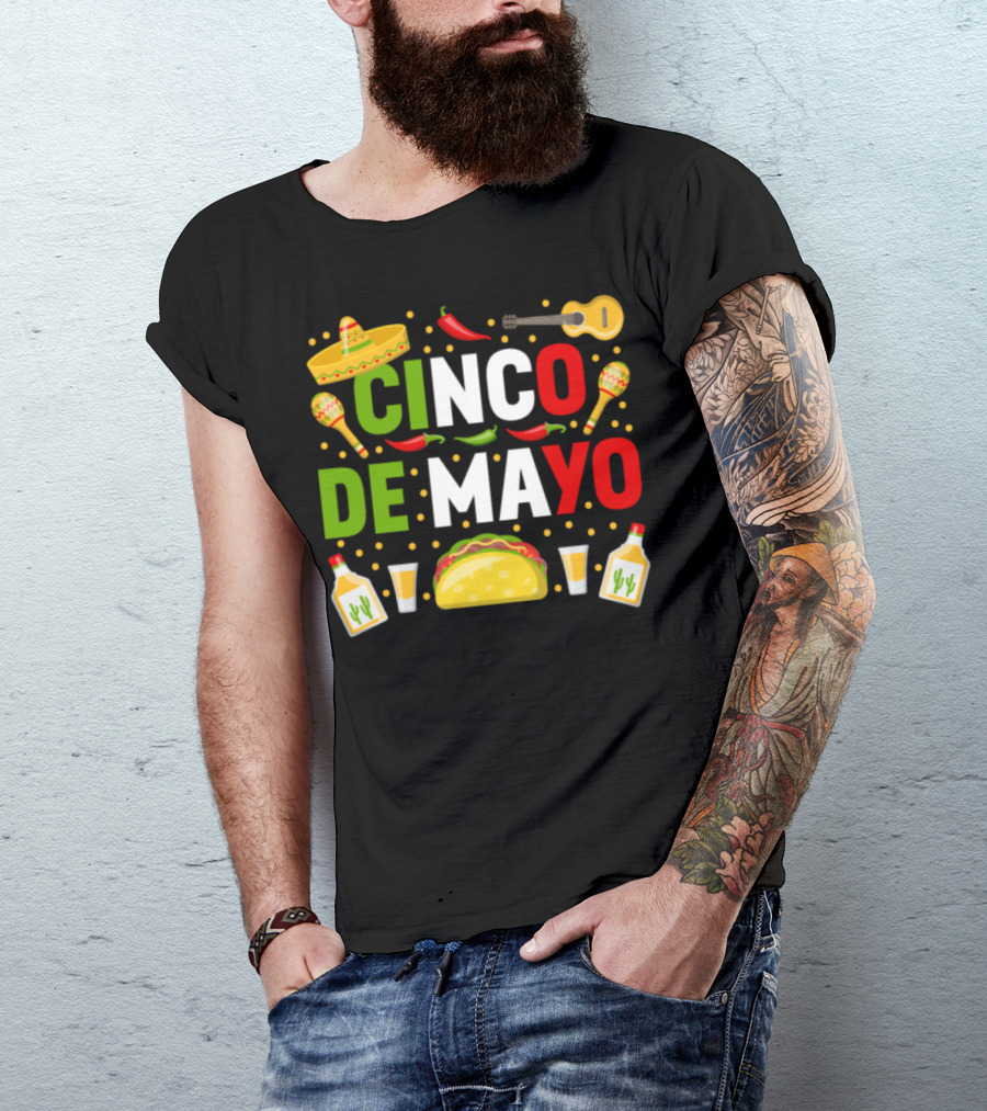 Cinco De Mayo Party Sombrero Taco Guitar Maracas Tequila Peppers T-Shirt