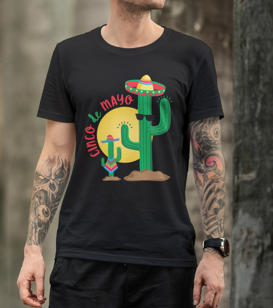Cinco De Mayo Sombrero Cactus With Sunglasses And Poncho In Front Of Sun T-Shirt