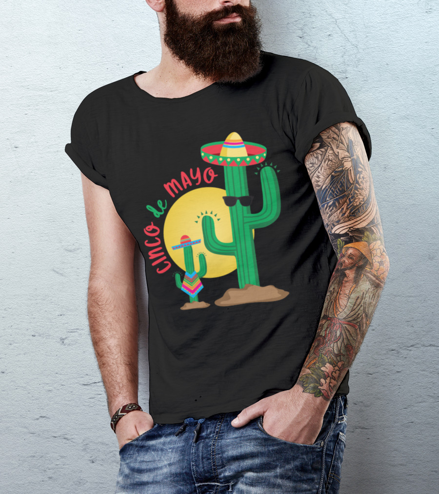 Cinco De Mayo Sombrero Cactus With Sunglasses And Poncho In Front Of Sun T-Shirt