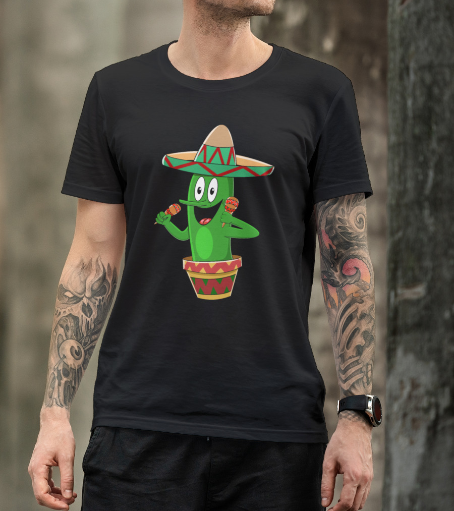 Comic Cactus Sombrero Funny Cinco De Mayo Maracas T-Shirt