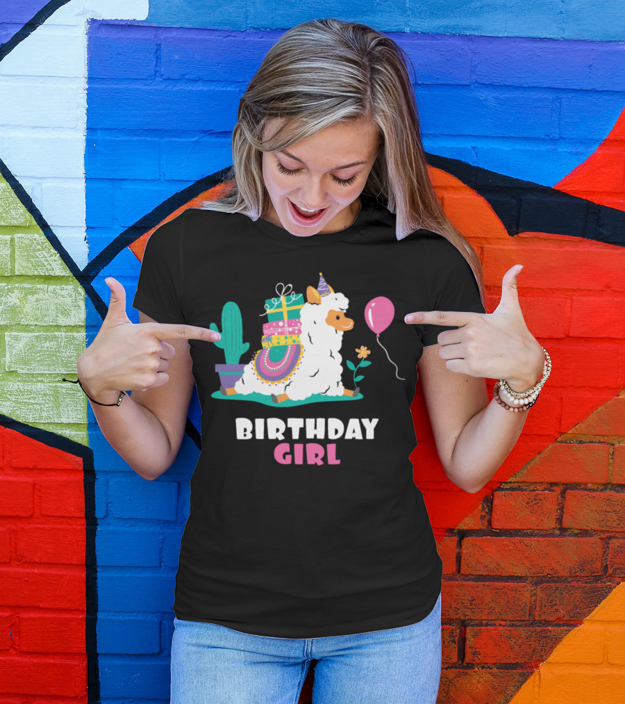 Birthday Girl Cool Cute Alpaca Llama Cactus Balloon T-Shirt