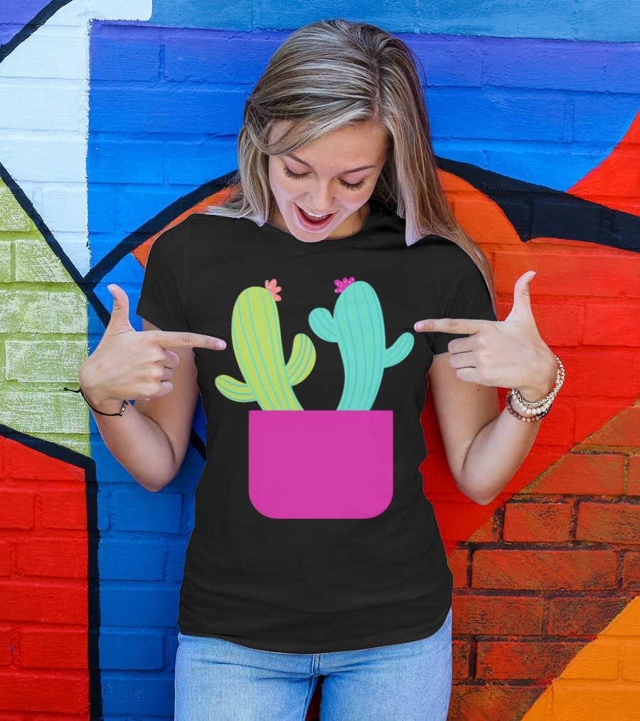 Couple Cactuses In Bright Pink Pot With Flowers T-Shirt