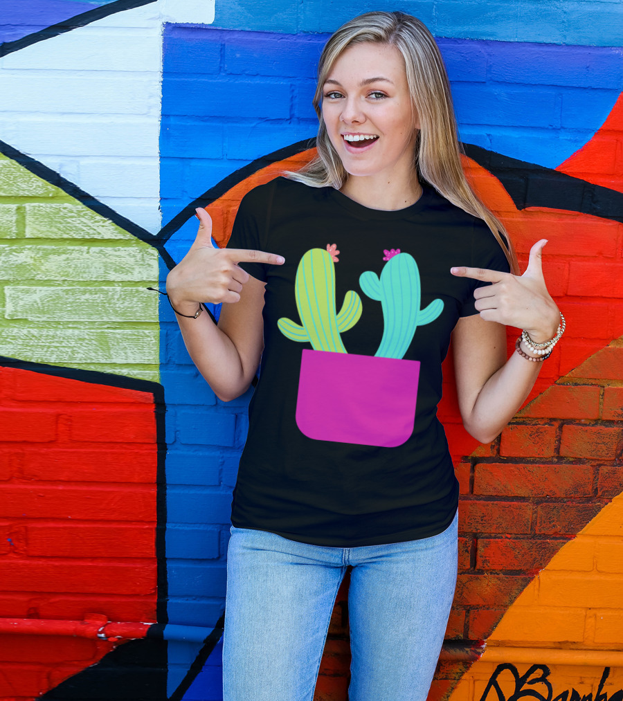 Couple Cactuses In Bright Pink Pot With Flowers T-Shirt