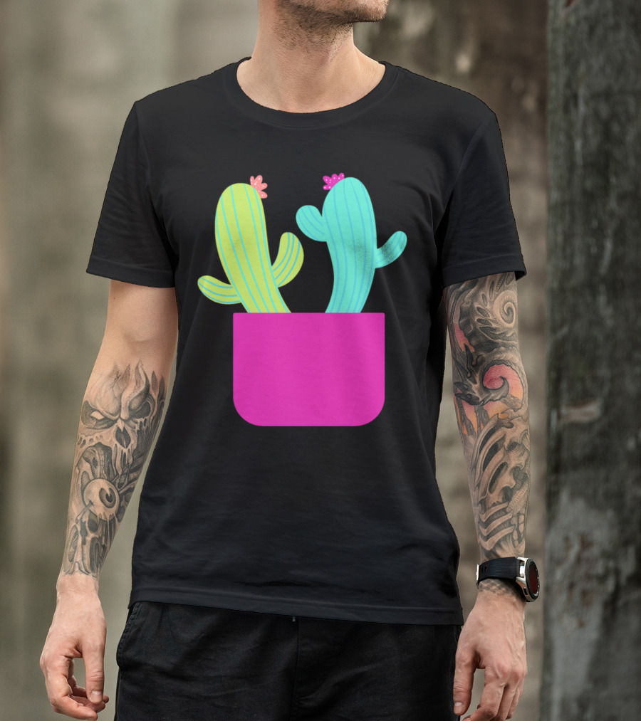 Couple Cactuses In Bright Pink Pot With Flowers T-Shirt