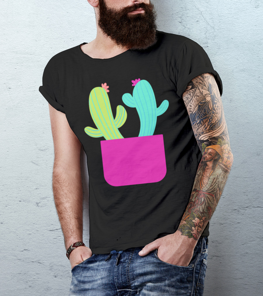 Couple Cactuses In Bright Pink Pot With Flowers T-Shirt