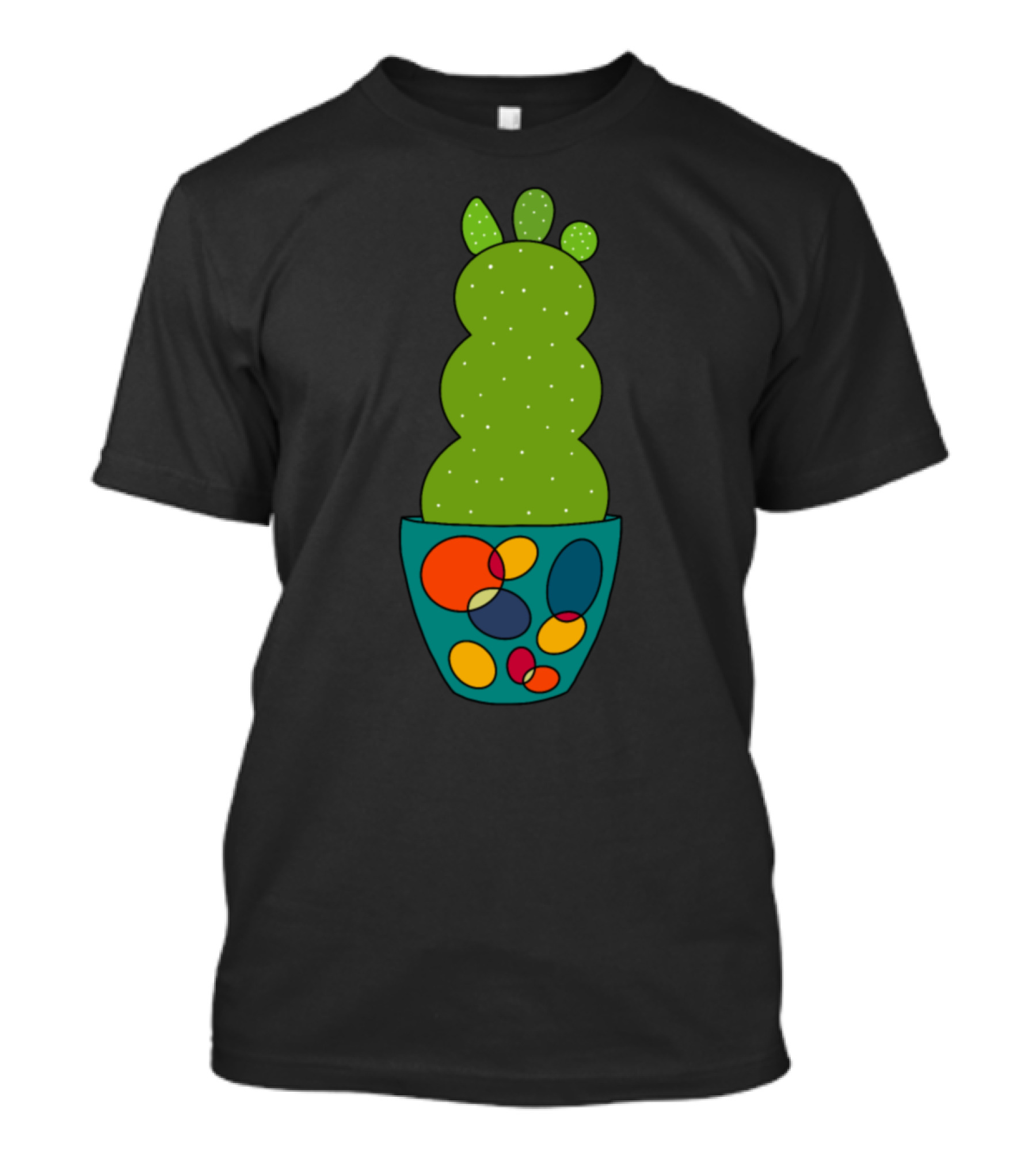Curvy Cactus In Colorful Retro Pot With Geometric T-Shirt