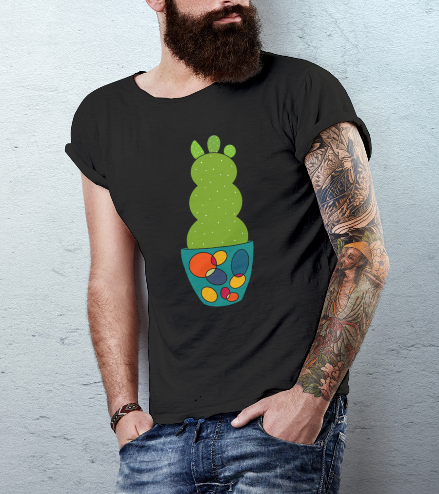 Curvy Cactus In Colorful Retro Pot With Geometric T-Shirt