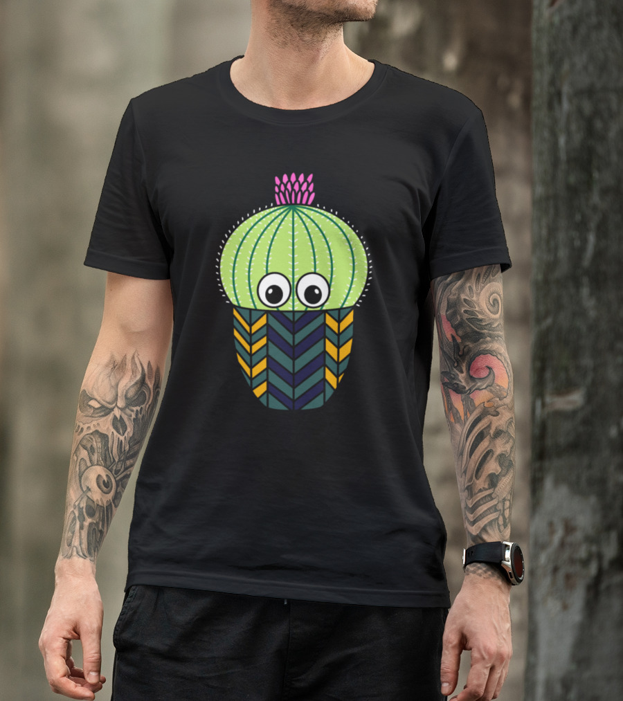 Cute Barrel Cactus With Colorful Patterned Pot And Pink Flower T-Shirt