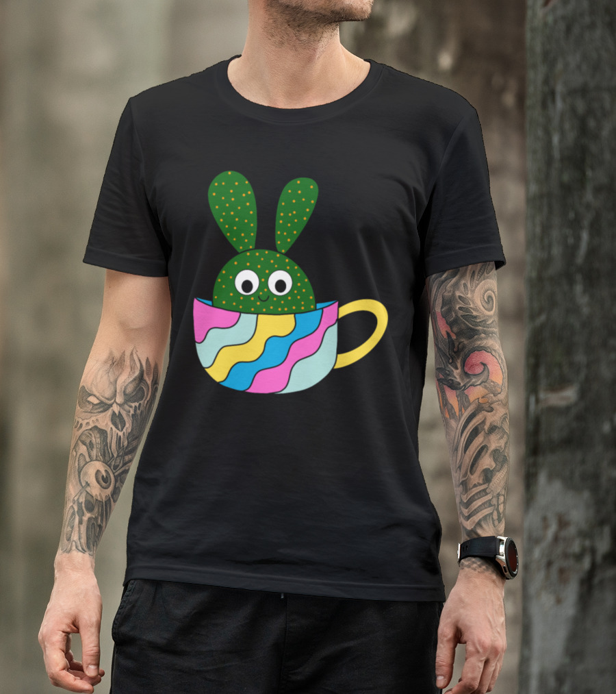 Cute Beaver Tail Cactus In A Colorful Teacup With Bunny Ears T-Shirt