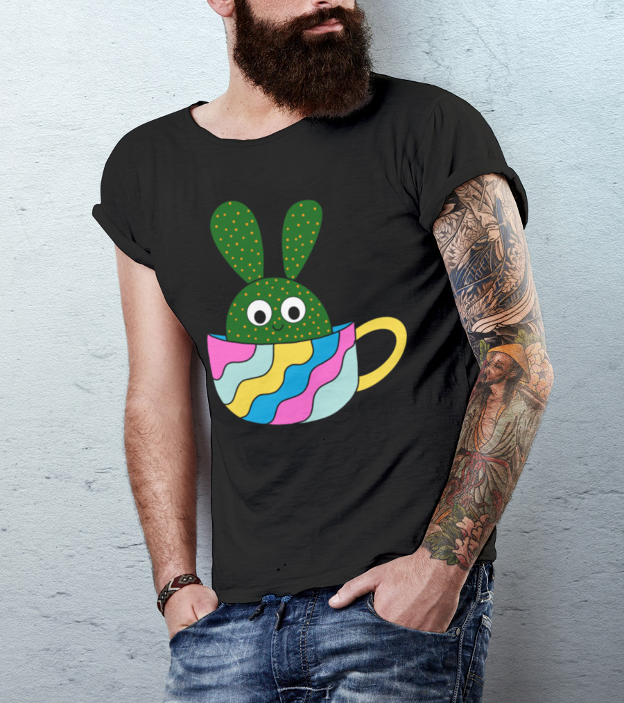 Cute Beaver Tail Cactus In A Colorful Teacup With Bunny Ears T-Shirt