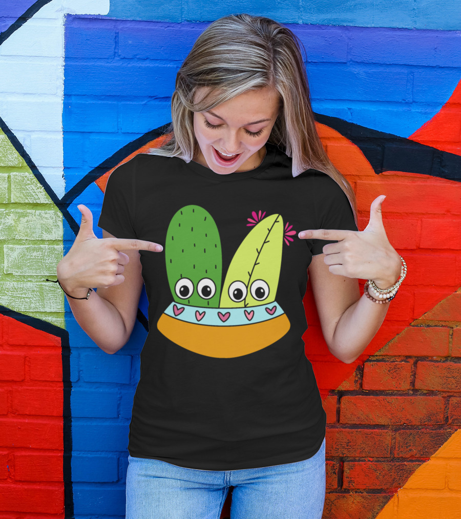 Cute Bowl Holding Cute Cacti Arrangement With Hearts And Flowers T-Shirt