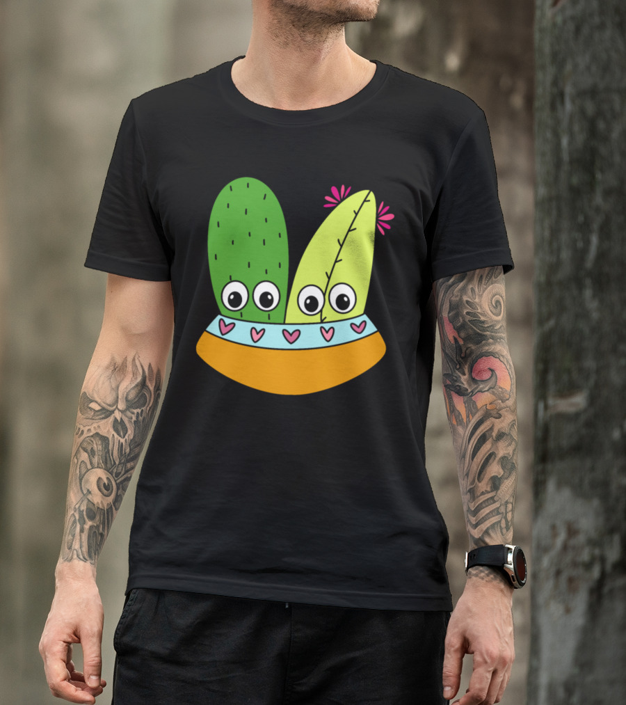 Cute Bowl Holding Cute Cacti Arrangement With Hearts And Flowers T-Shirt