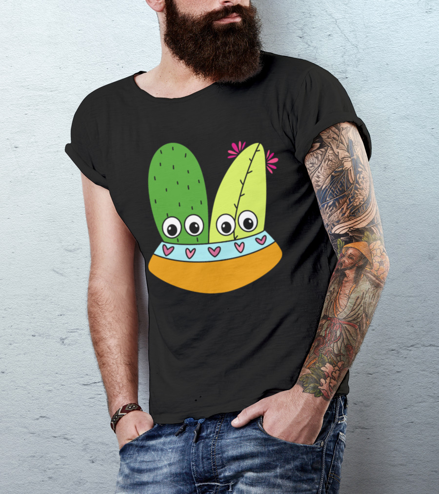 Cute Bowl Holding Cute Cacti Arrangement With Hearts And Flowers T-Shirt