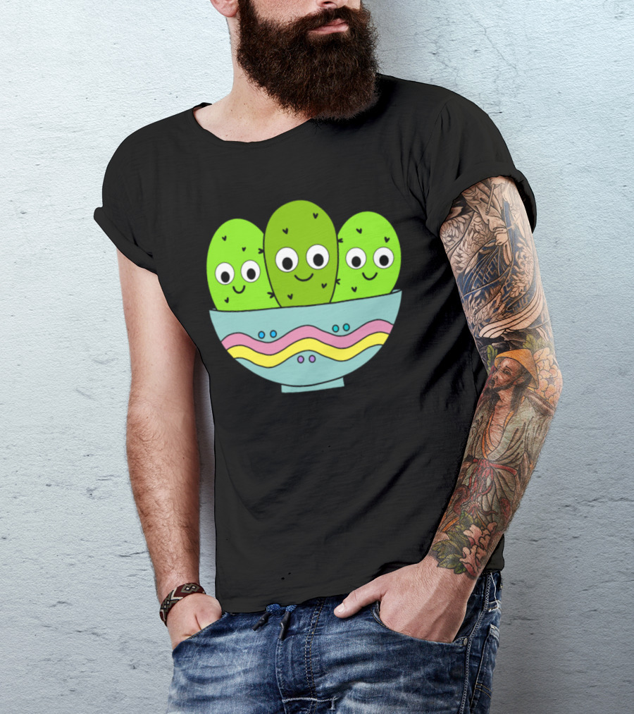 Cute Cacti Trio In Decorative Pastel Bowl T-Shirt