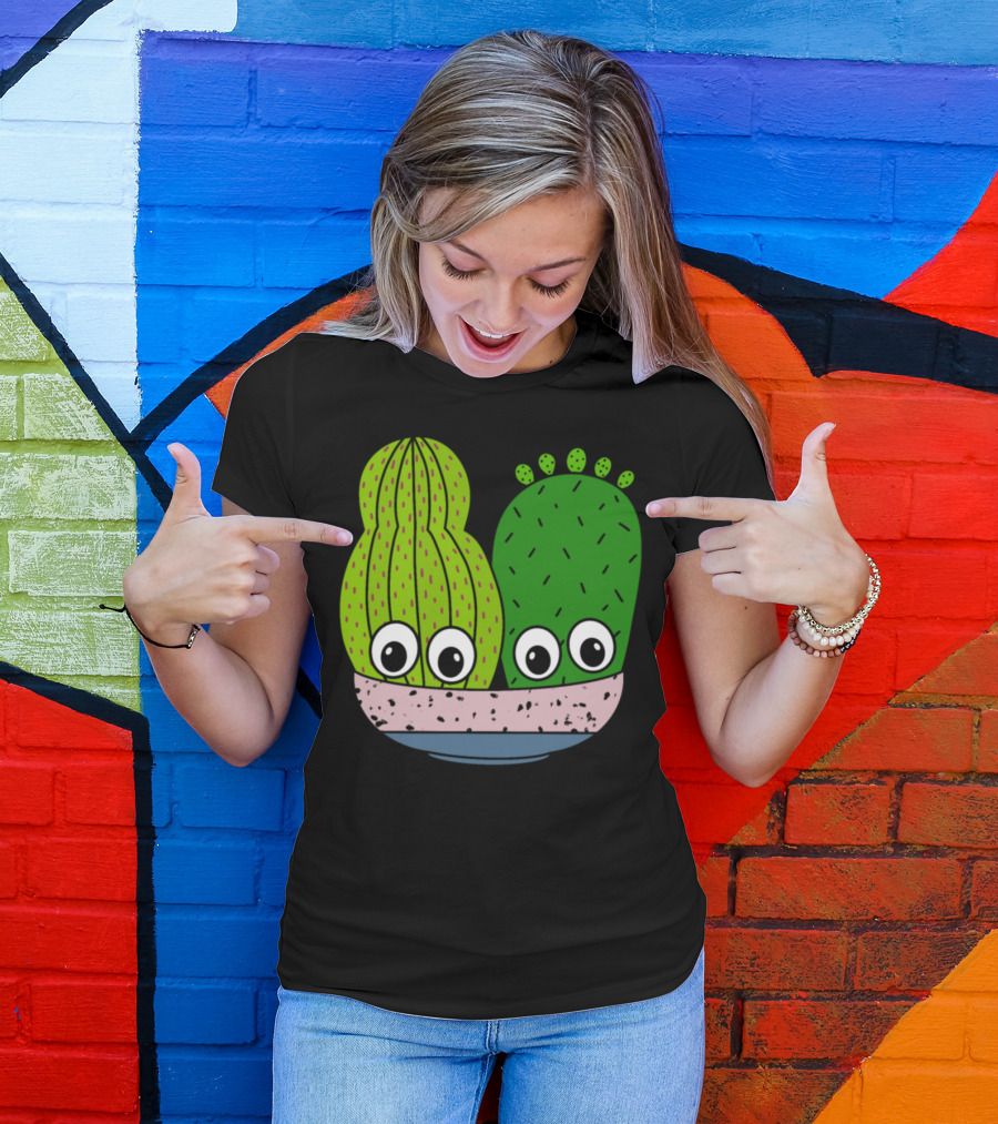 Cute Cacti Characters In Playful Pottery Bowl T-Shirt