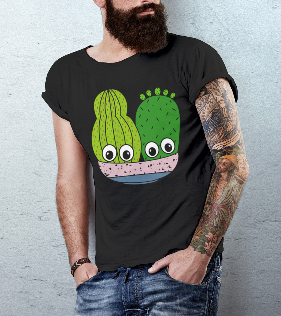 Cute Cacti Characters In Playful Pottery Bowl T-Shirt