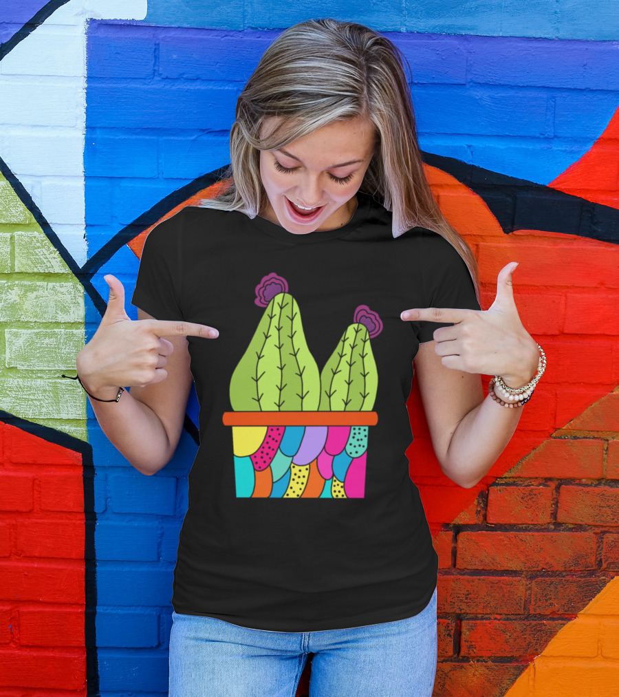 Cute Cacti With Flowers In Colorful Funky Patterned Pot T-Shirt