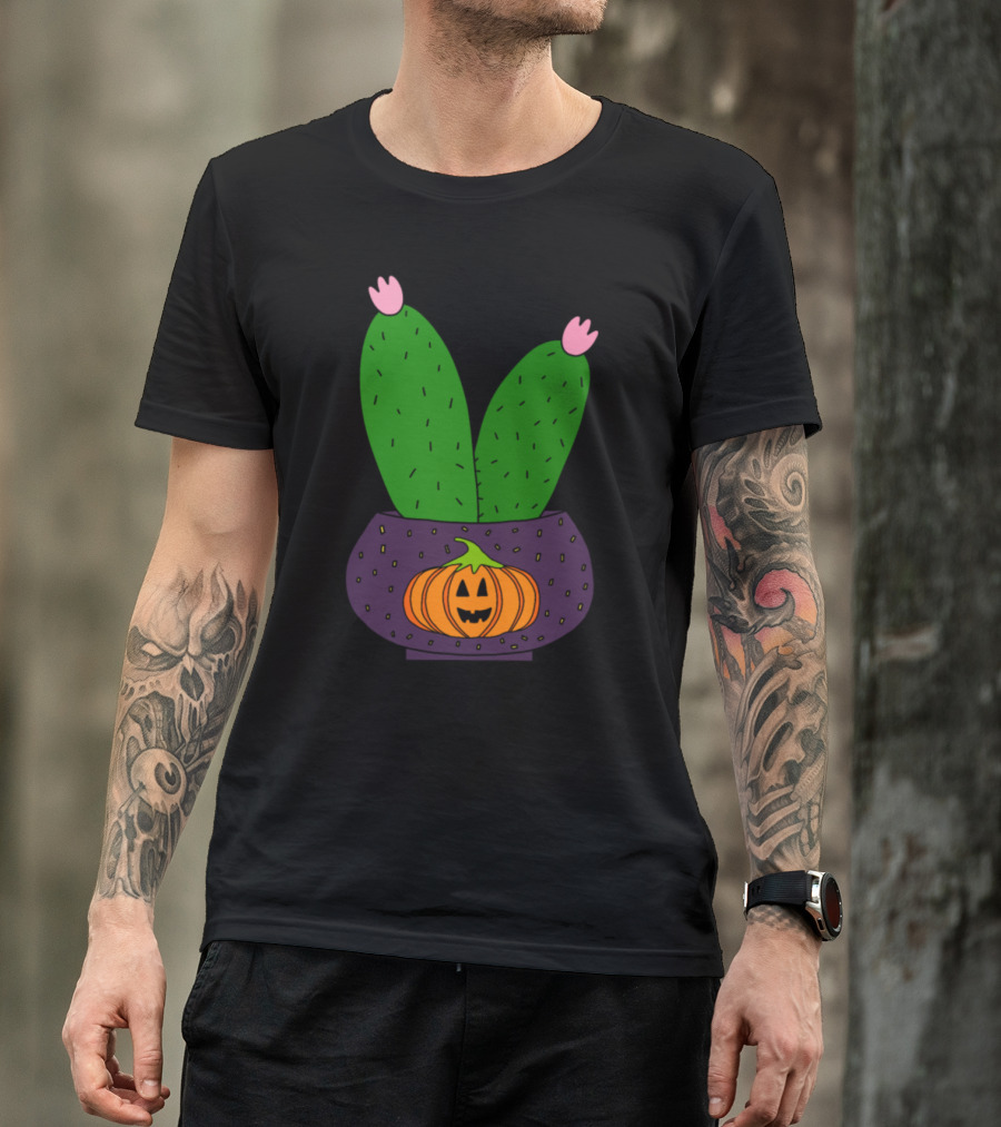 Cute Halloween Pumpkin Pot With Blossom Cacti T-Shirt