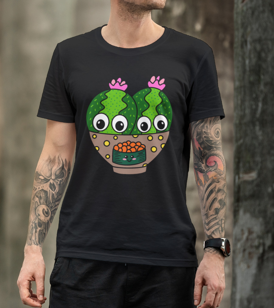 Twin Cacti With Happy Fish Egg Sushi Bowl Faces T-Shirt