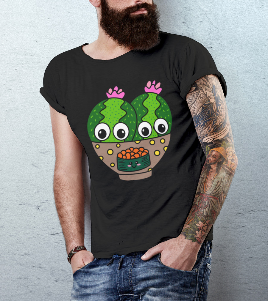 Twin Cacti With Happy Fish Egg Sushi Bowl Faces T-Shirt