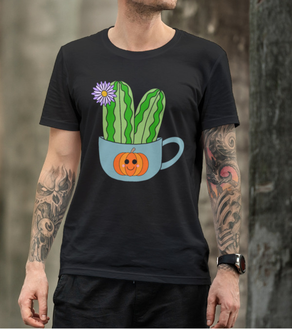 Cute Cacti With A Pretty Flower In Smiling Pumpkin Cup T-Shirt