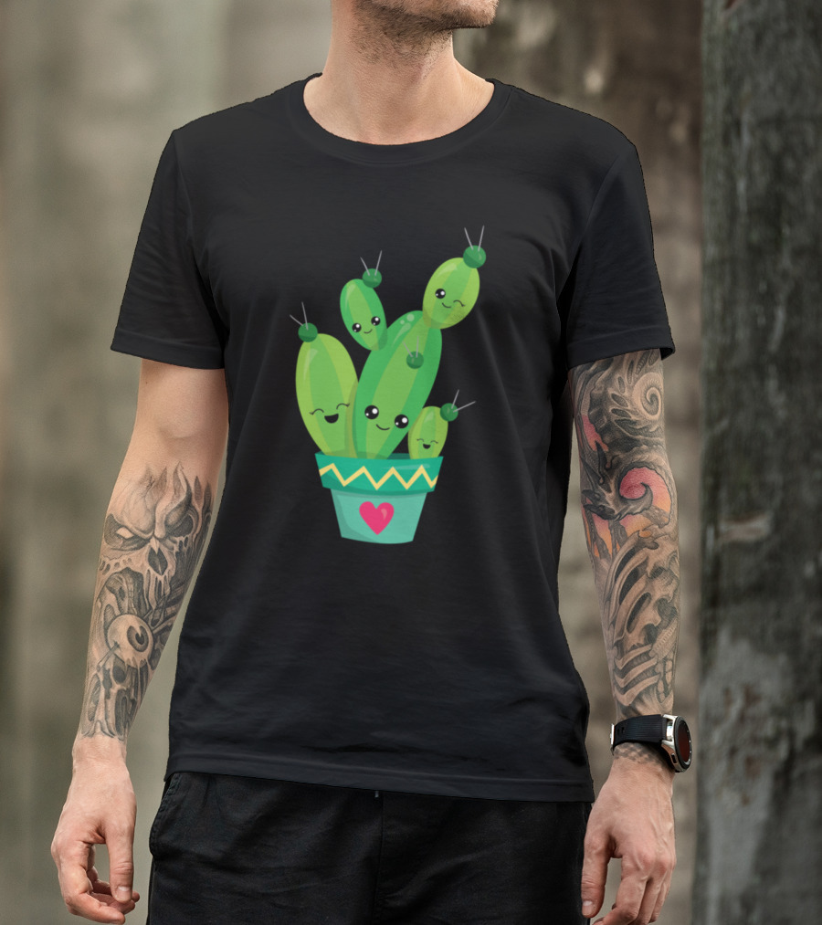 Cute Cactus Emoticon Happy Succulent Plant Pot With Heart T-Shirt