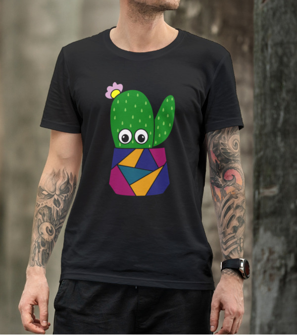 Cute Cactus With Flower In Colorful Geometric Pot T-Shirt