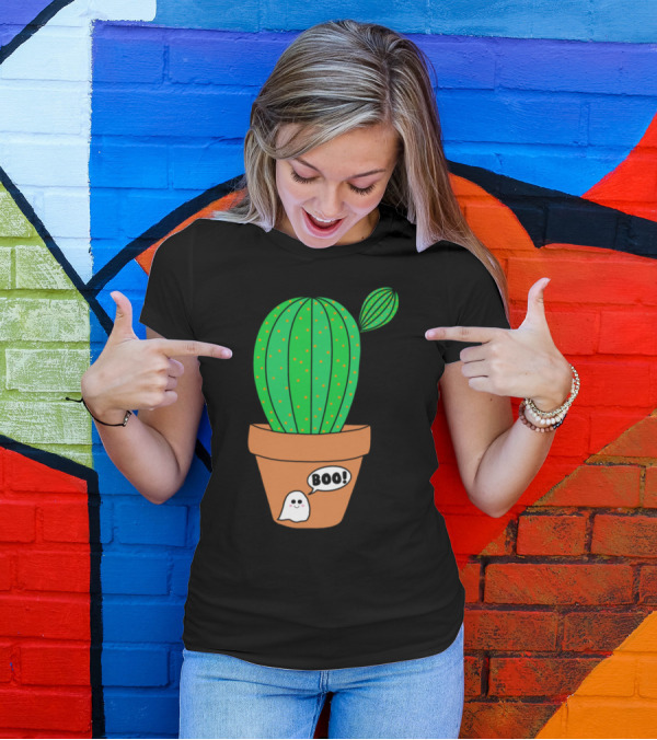 Cute Green Cactus Saying Boo With Halloween Ghost In Terracotta Pot T-Shirt