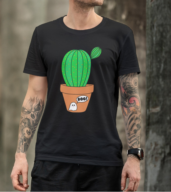 Cute Green Cactus Saying Boo With Halloween Ghost In Terracotta Pot T-Shirt