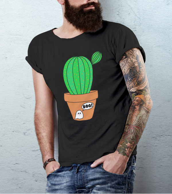 Cute Green Cactus Saying Boo With Halloween Ghost In Terracotta Pot T-Shirt