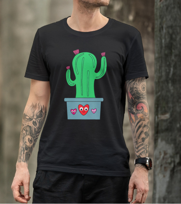 Cute Smiling Cactus With Colorful Hearts In Pot T-Shirt