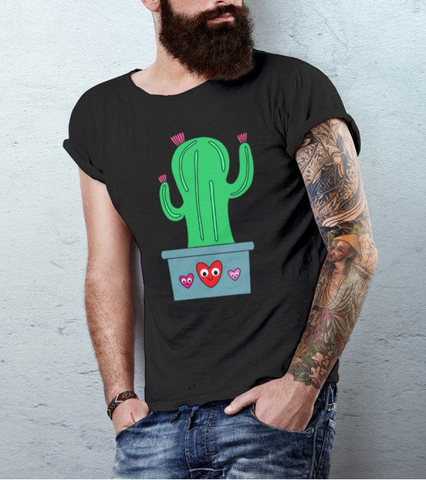 Cute Smiling Cactus With Colorful Hearts In Pot T-Shirt