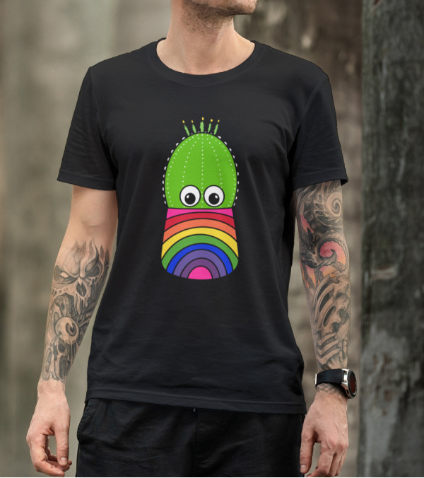 Cute Cactus In Rainbow Pot With Big Eyes T-Shirt