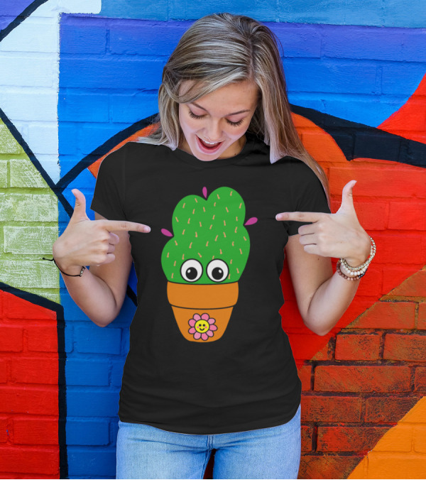 Cute Cactus With Big Eyes And Smiling Flower In Terra Cotta Pot T-Shirt