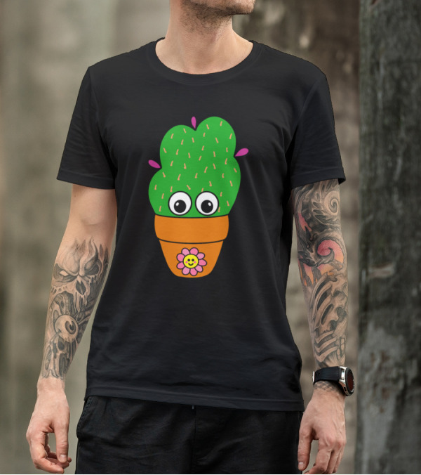 Cute Cactus With Big Eyes And Smiling Flower In Terra Cotta Pot T-Shirt