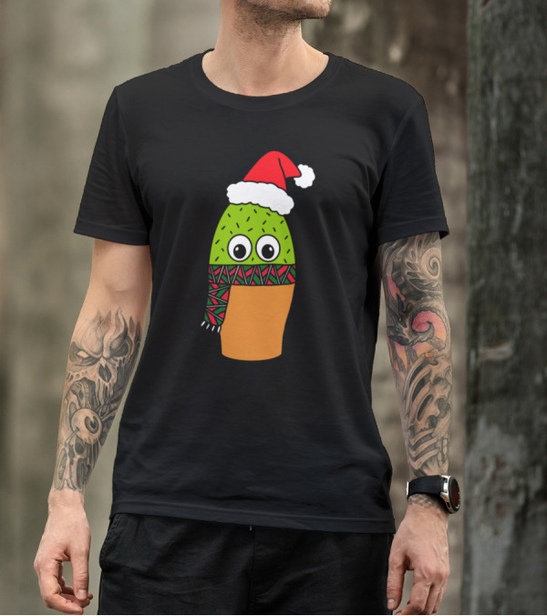 Cute Cactus With Santa Hat And Festive Christmas Scarf T-Shirt