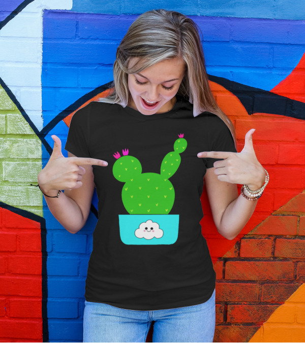 Cute Cactus With Flowers In Happy Cloud Pot T-Shirt