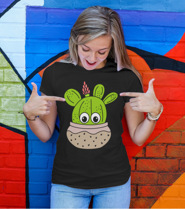 Cute Green Cactus With Pink Flower In Speckled Jar Planter T-Shirt