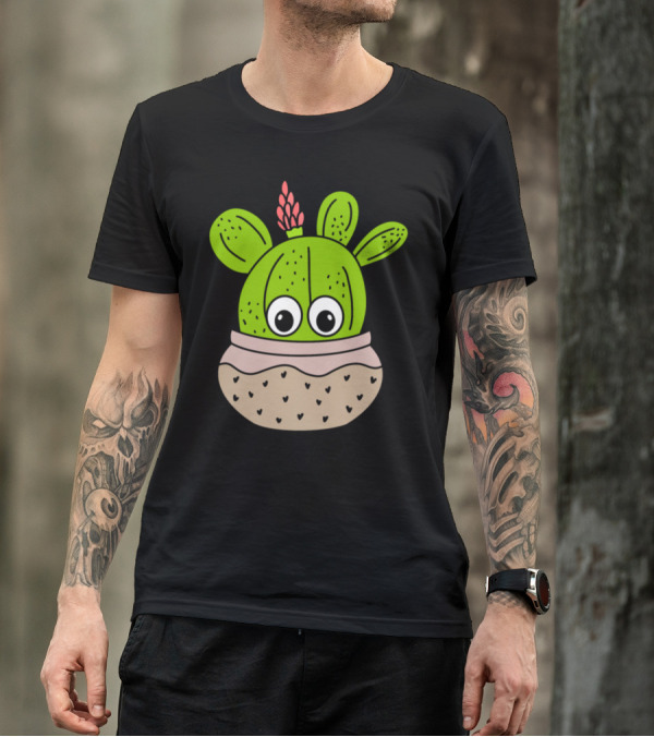 Cute Green Cactus With Pink Flower In Speckled Jar Planter T-Shirt