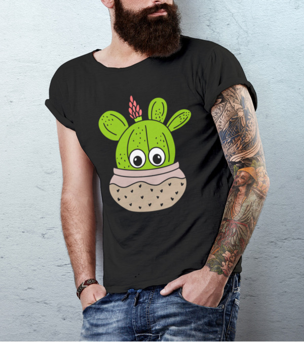 Cute Green Cactus With Pink Flower In Speckled Jar Planter T-Shirt